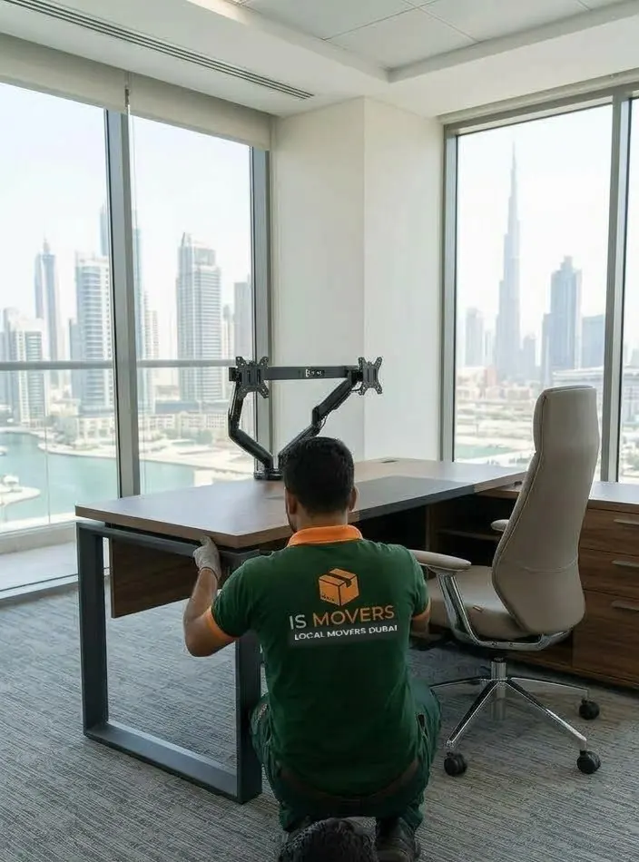 ISMovers crew assembling an office desk in Dubai